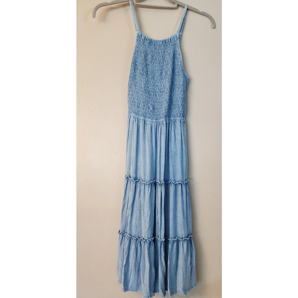 Sim & Sam Blue Tiered Midi Dress Smocked Peasent Sundress Boho‎ sz small